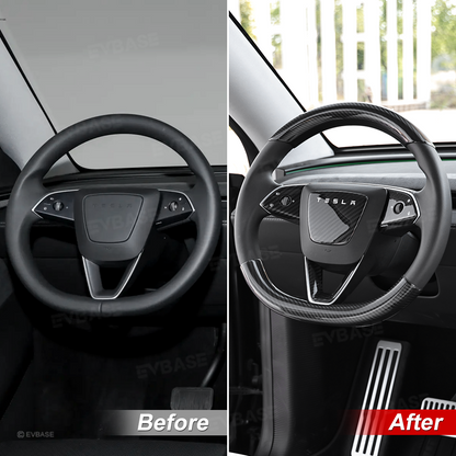 Model Y Juniper Real Carbon Fiber Steering Wheel Trim Cover Kit Upper Lower Overlay & Button Frame & Airbag Cover Sticker 6PCS
