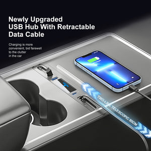 Tesla Model 3 Y Center Console USB C Multiport HUB Adapter With Retractable Data Cable