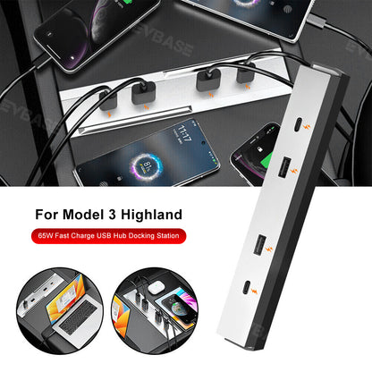 Model 3 Highland USB Hub Adpter Docking Station 4-Port 65W Center Console Fast Charger for Tesla