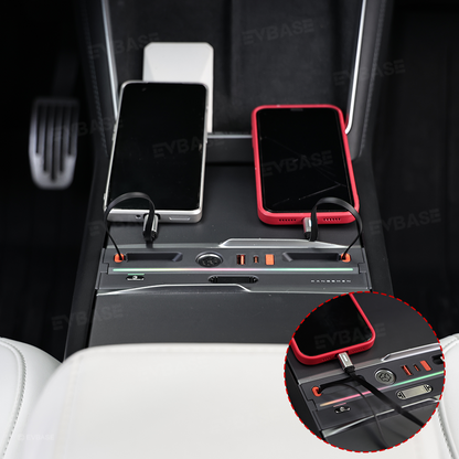 Model Y Juniper/ 3 Highland Center Console USB Hub Docking Station with Retractable Charging Cables & Aromatherapy & Ambient LED Lighting