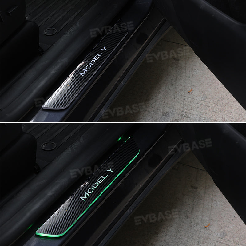 Tesla Model Y 3 Illuminated Door Sill Covers LED Light Trim Protector Carbon Fiber Style