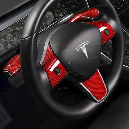 Model 3 Y Red Carbon Fiber Steering Wheel Trim Gear Shift Column Cover Real Carbon Fiber Decoration (Set of 5) for Tesla
