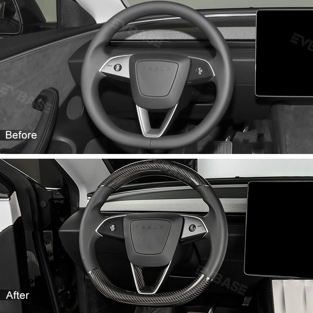EVBASE Tesla Model 3 Highland Steering Wheel Covers Real Carbon Fiber Grip Upper Lower Parts Overlay