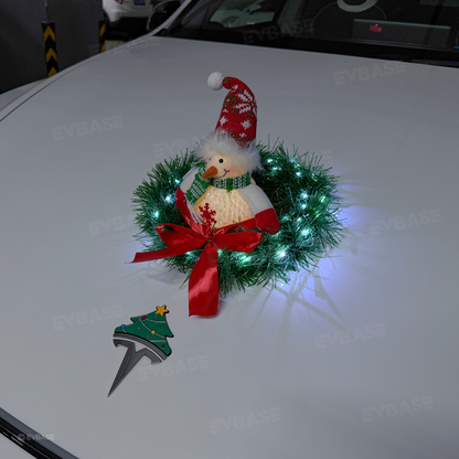 Christmas Holiday Car Decor Headrest Hat LED Christmas Wreath Lighted Snowman Plush Figurines 3D Xmas Emblem Stickers for Tesla