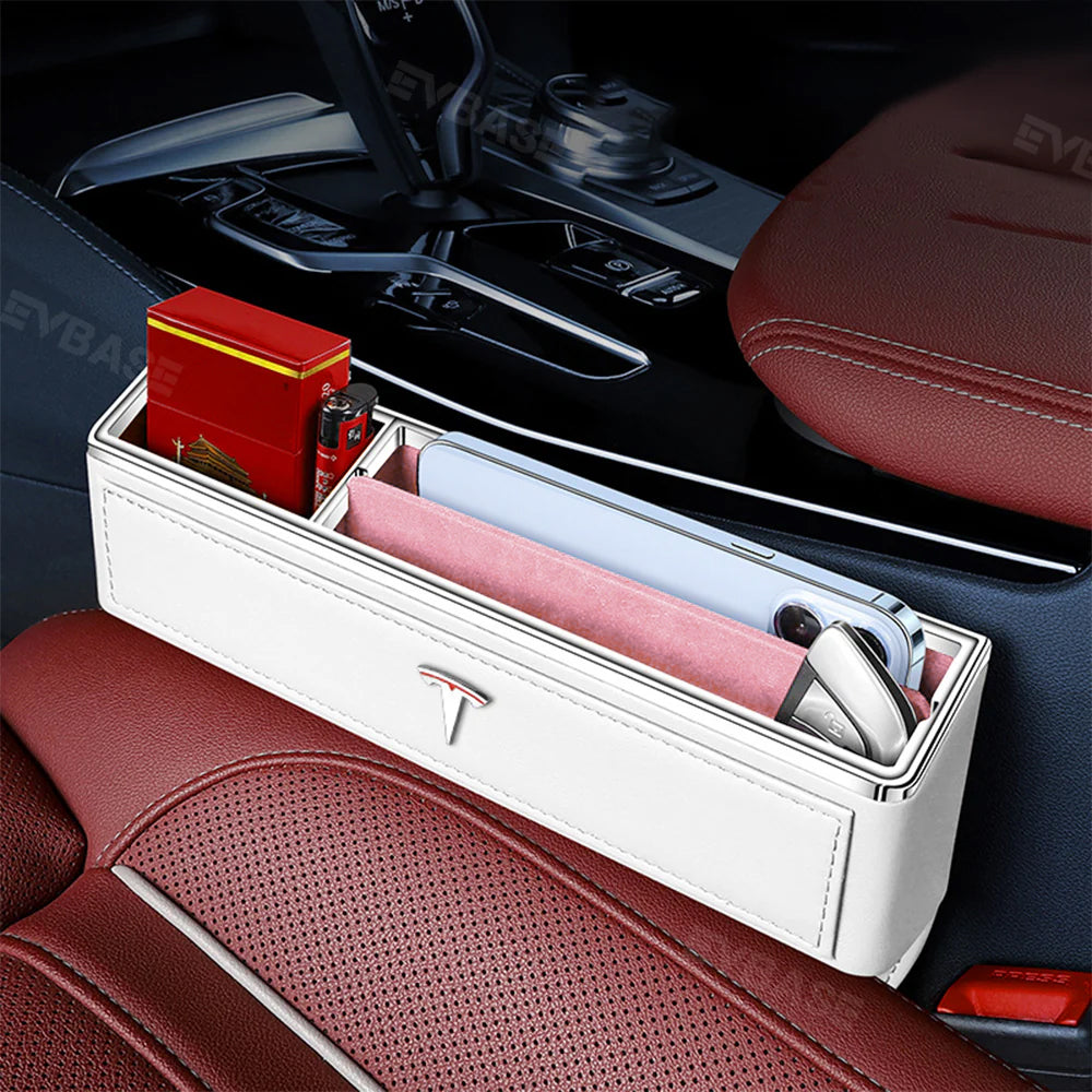 Tesla Model 3 Y X S Car Seat Crevice Storage Box with T Logo Leather A EVBASE Premium EV Tesla Accessories