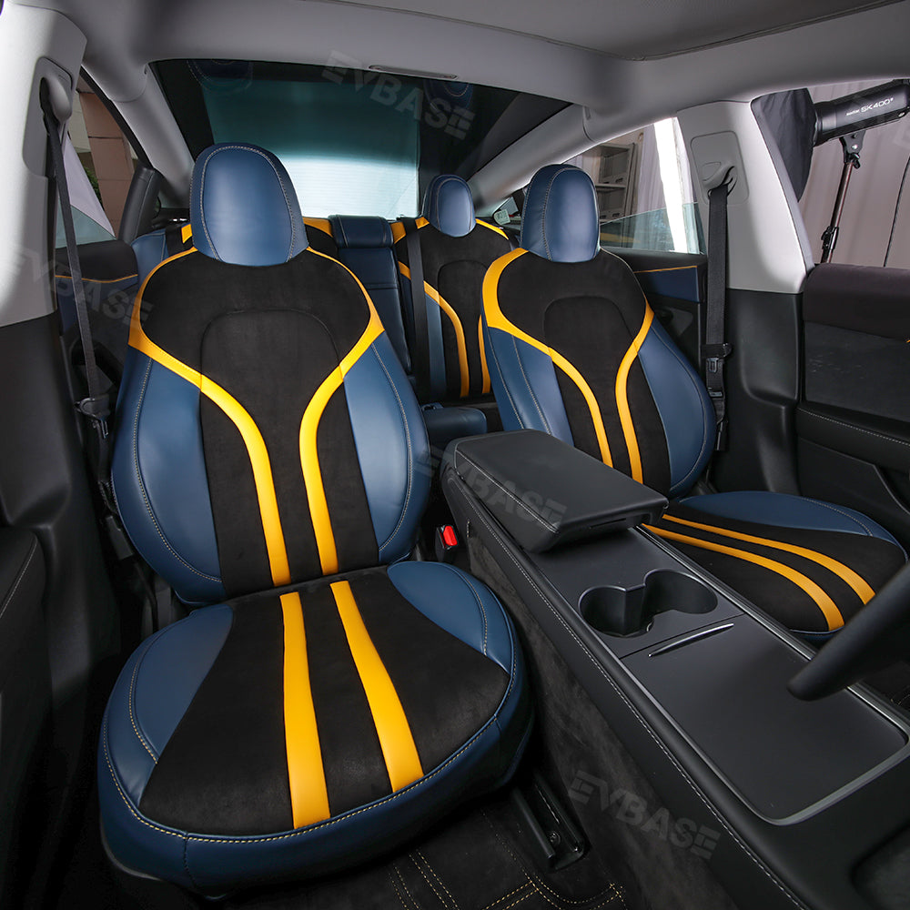 Model 3 Y Seat Covers All-Inclusive Seat Protector Full Set Black & Blue & Yellow for Tesla