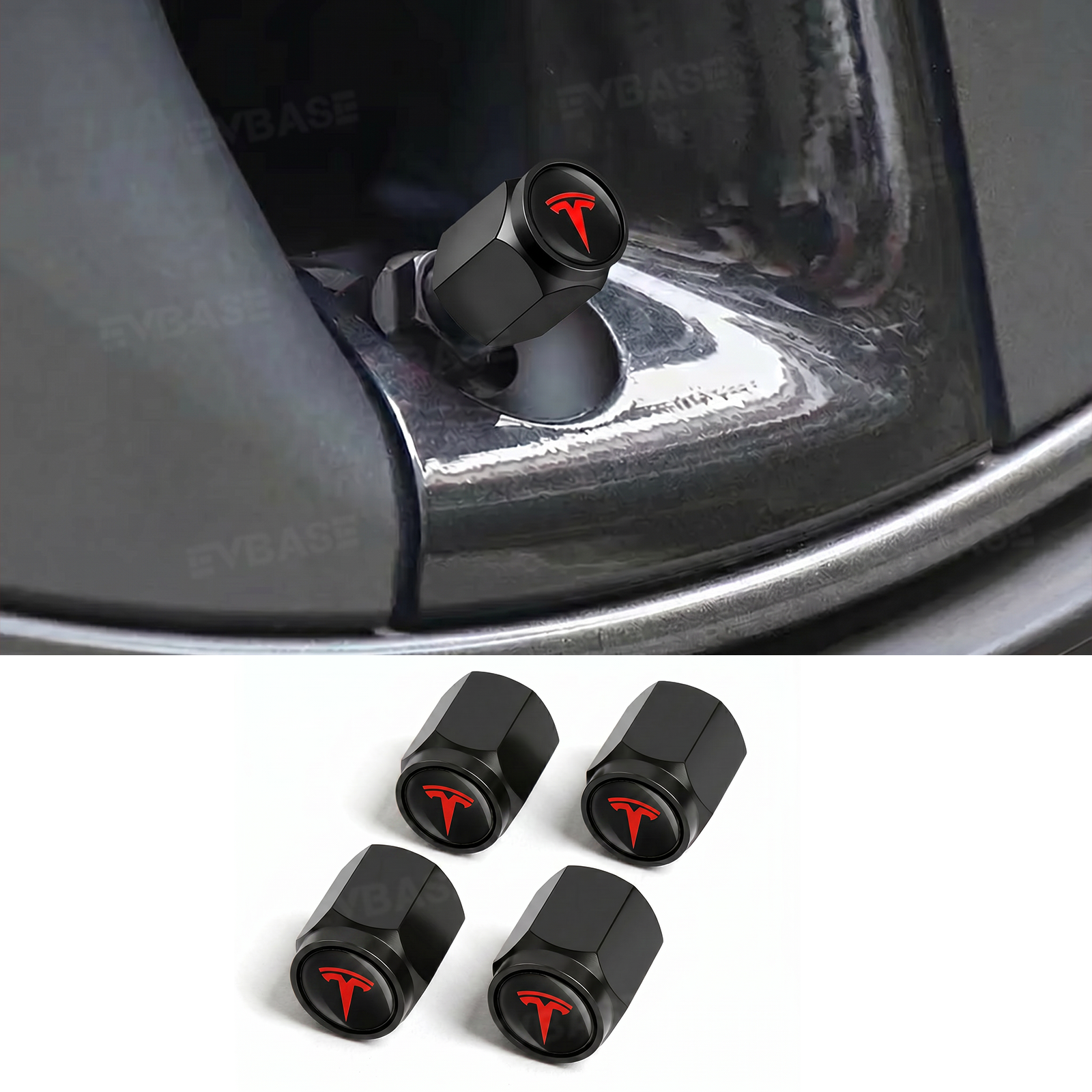 Model Y Juniper Tire Valve Stem Caps Red/Black Leakproof Aluminum Alloy Tire Air Caps Rustproof Metal Valve Covers with Rubber Seal for Model Y/3/S/X/Cybertruck