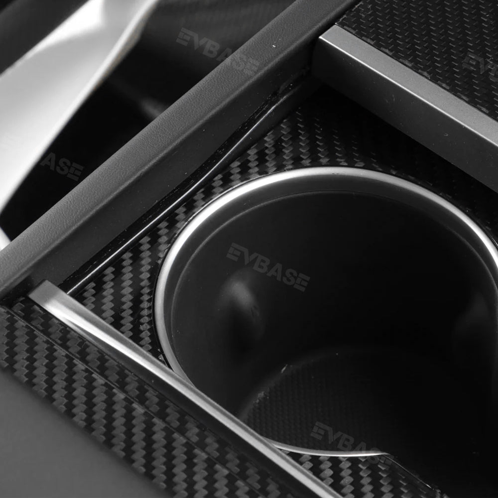 EVBASE Tesla Model Y Juniper Cup Holder Cover Real Carbon Fiber Trim Panel Center Console Overlay