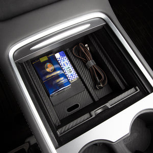 Center Console Tesla Organizer Carbon Fiber Armrest Storage Box Cup Holder Tesla Model 3 Y Accessories