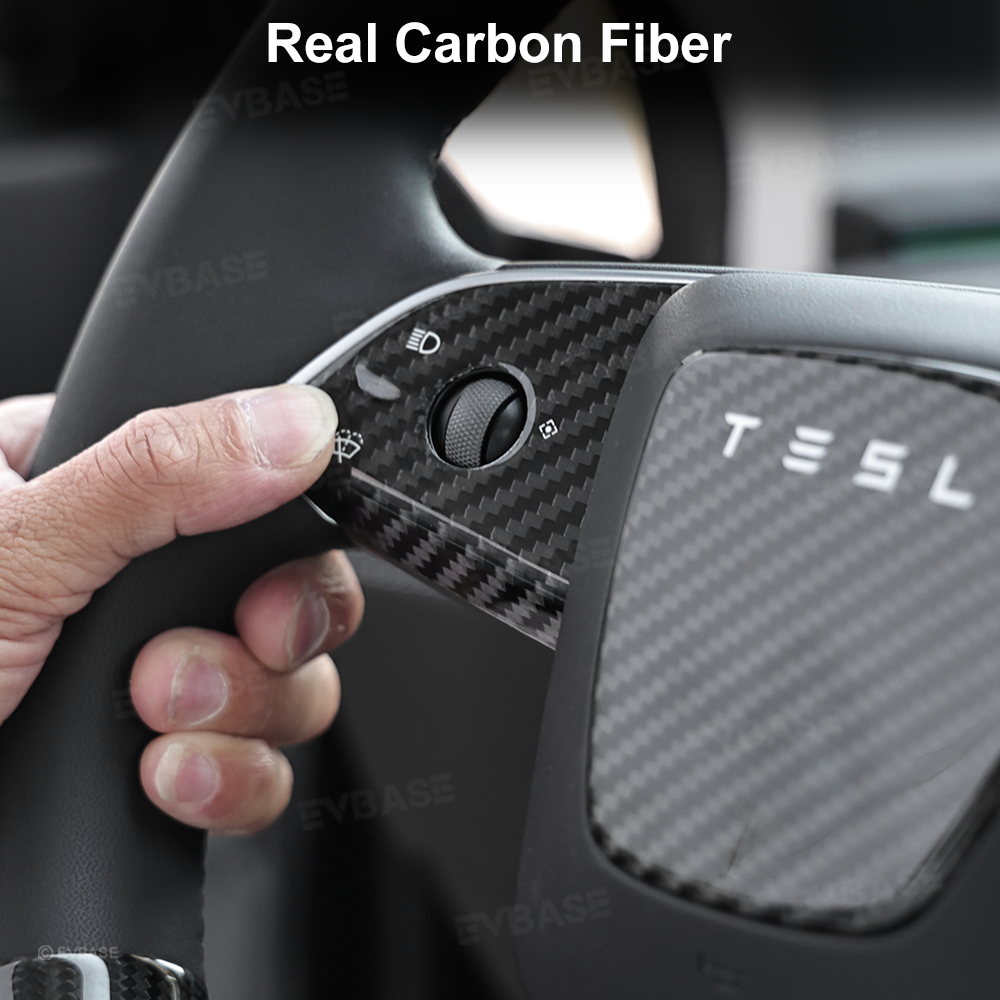 Model Y Juniper Real Carbon Fiber Steering Wheel Trim Cover Kit Upper Lower Overlay & Button Frame & Airbag Cover Sticker 6PCS