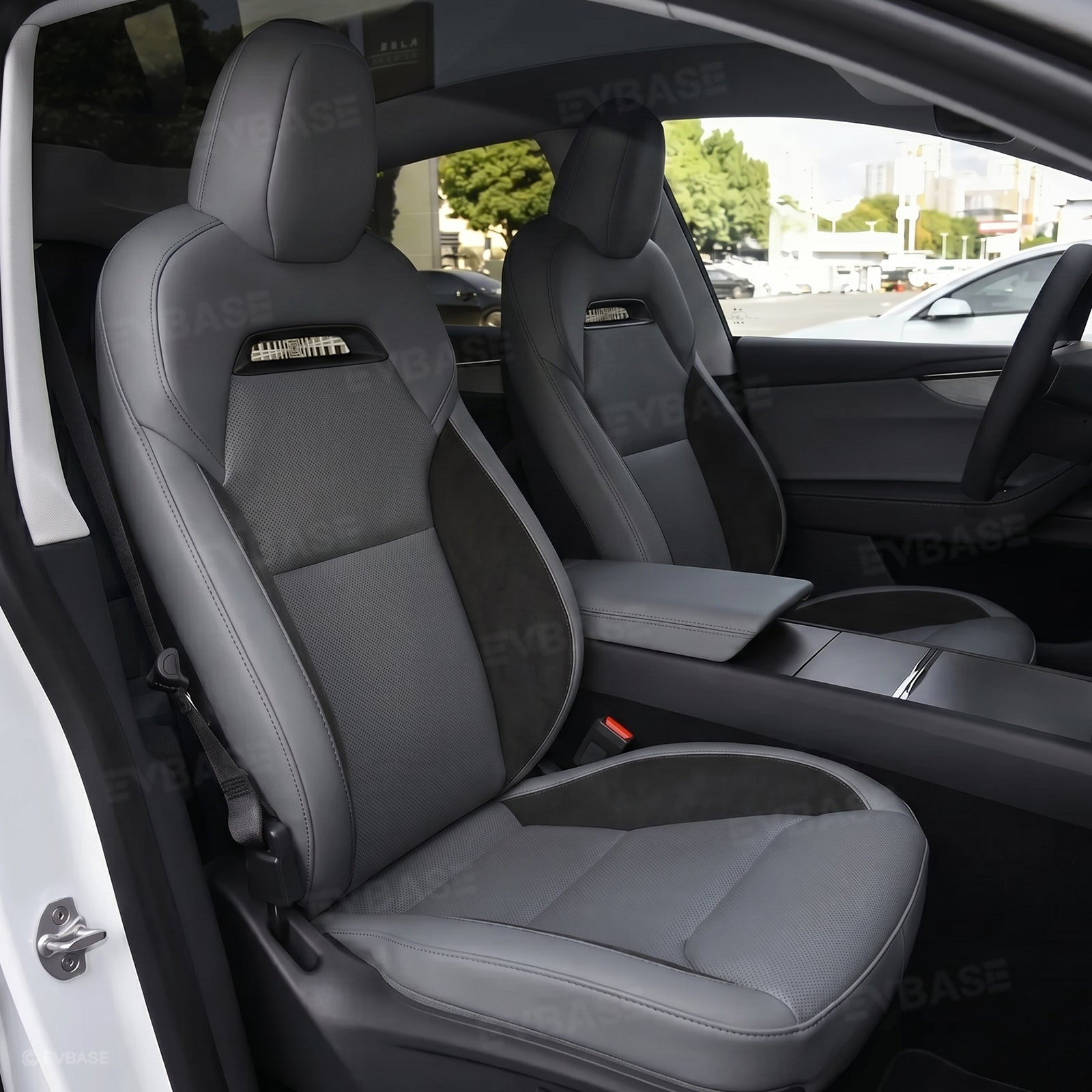Model Y Juniper Seat Covers Plaid Sports Style Seat Protector Nappa Leather Full Set Airbag Compatible