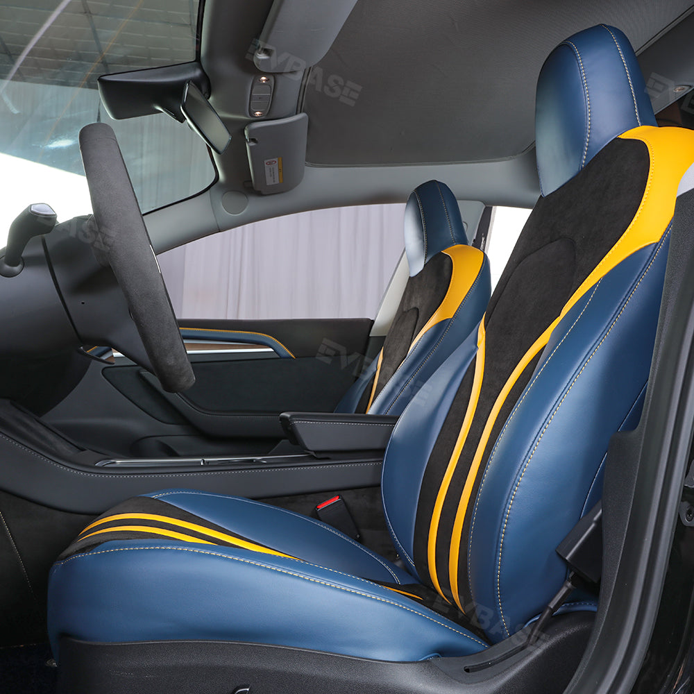 Model 3 Y Seat Covers All-Inclusive Seat Protector Full Set Black & Blue & Yellow for Tesla
