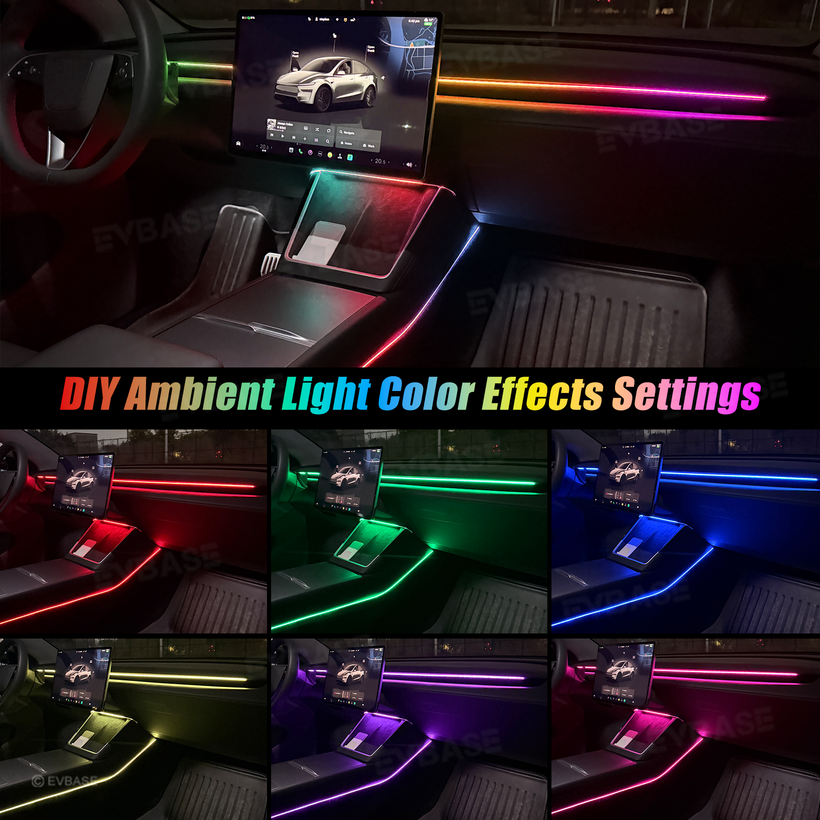 Model 3/Y Ambient Lighting Center Console Dashboard Light Strip with AI Voice Control LED Interior Lights 2.0