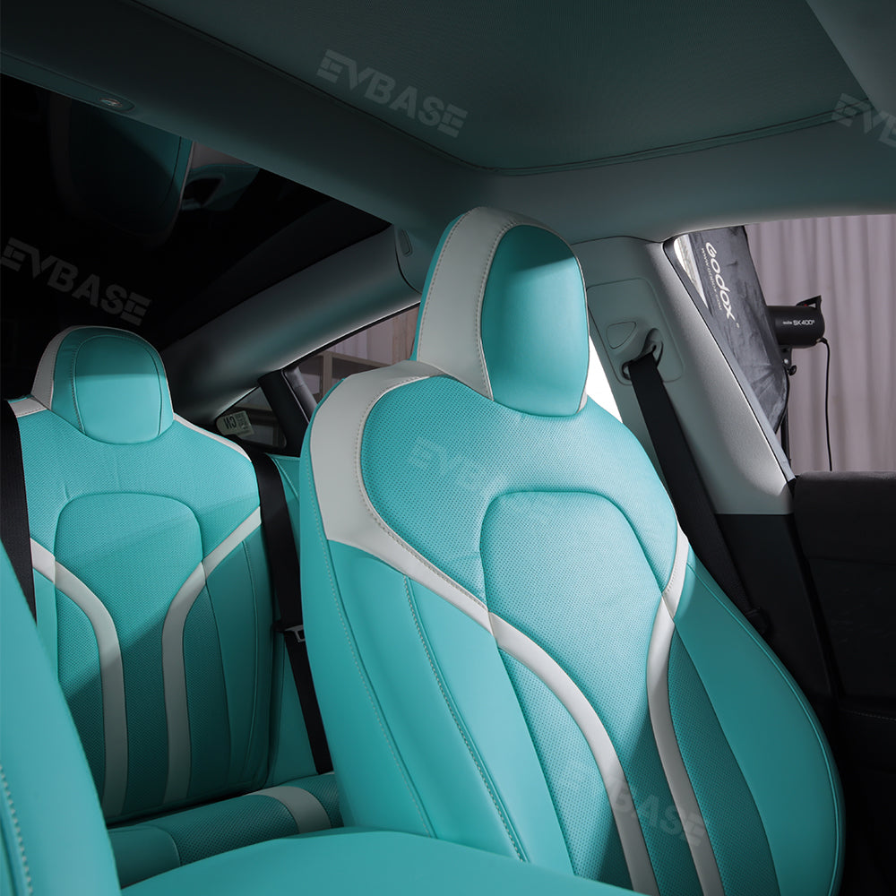 Model 3 Y Seat Covers Breathable NAPPA Leather Seat Protector Tiffany Blue & White All Set for Tesla