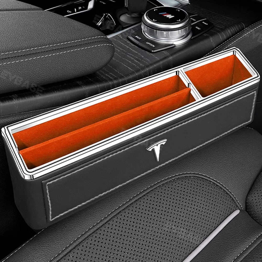Tesla Model 3 Y X S Car Seat Crevice Storage Box with T Logo Leather A -  EVBASE-Premium EV&Tesla Accessories
