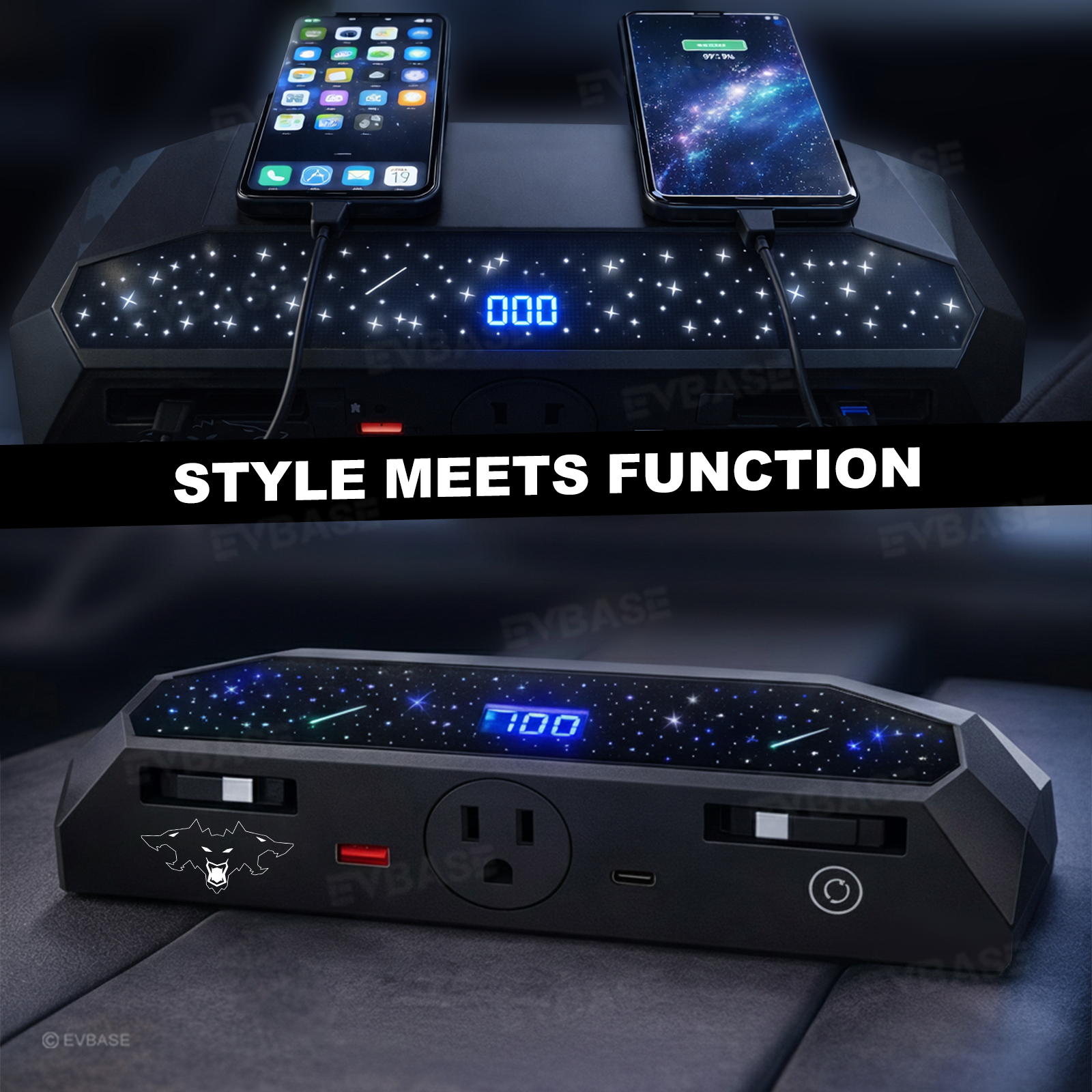 Cybertruck Center Console Multi-Port USB Charging Hub 2.0 with Retractable Cables & 110V AC Outlet (30W PD/QC3.0 Fast Phone Charge)