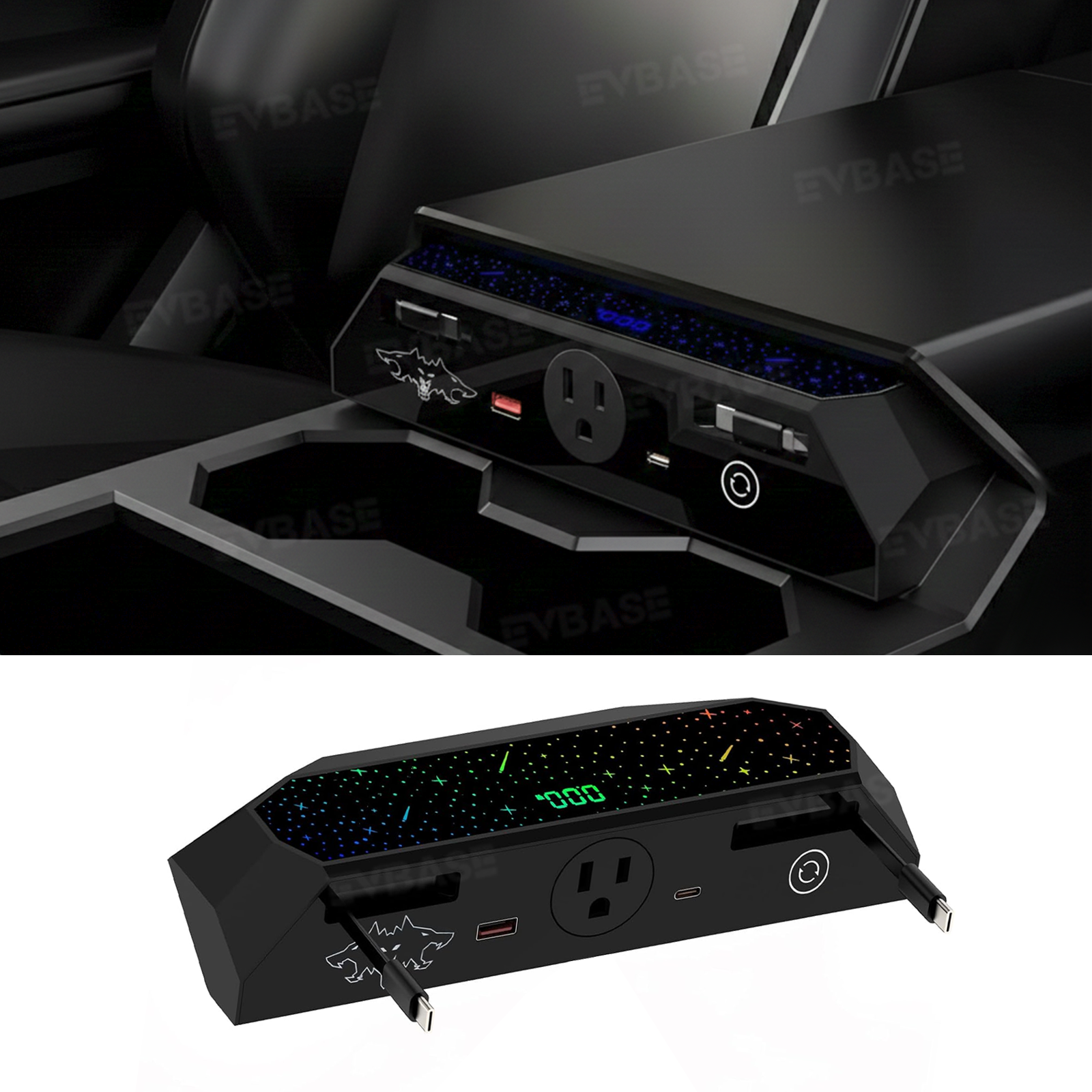 Cybertruck Center Console Multi-Port USB Charging Hub 2.0 with Retractable Cables & 110V AC Outlet (30W PD/QC3.0 Fast Phone Charge)