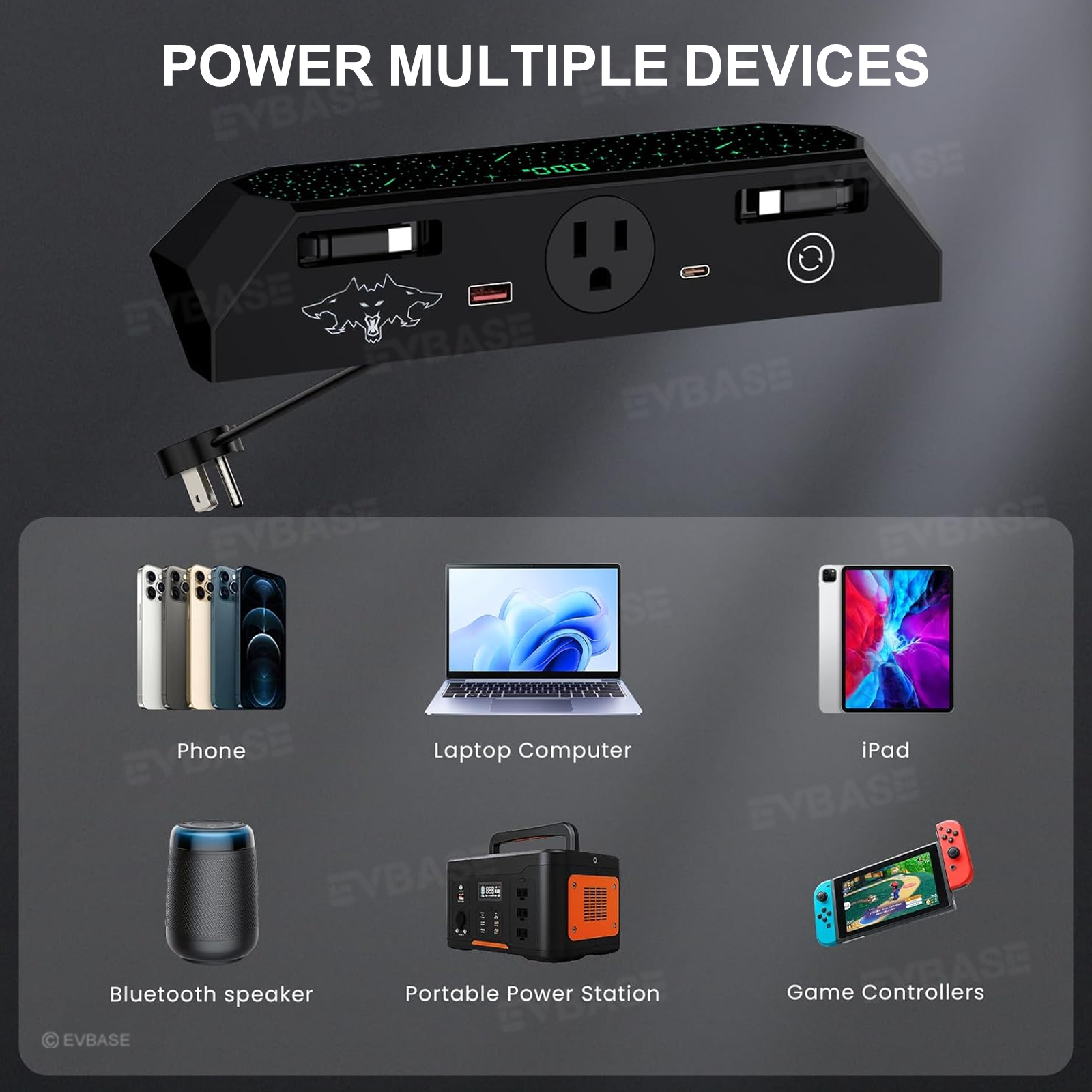Cybertruck Center Console Multi-Port USB Charging Hub 2.0 with Retractable Cables & 110V AC Outlet (30W PD/QC3.0 Fast Phone Charge)