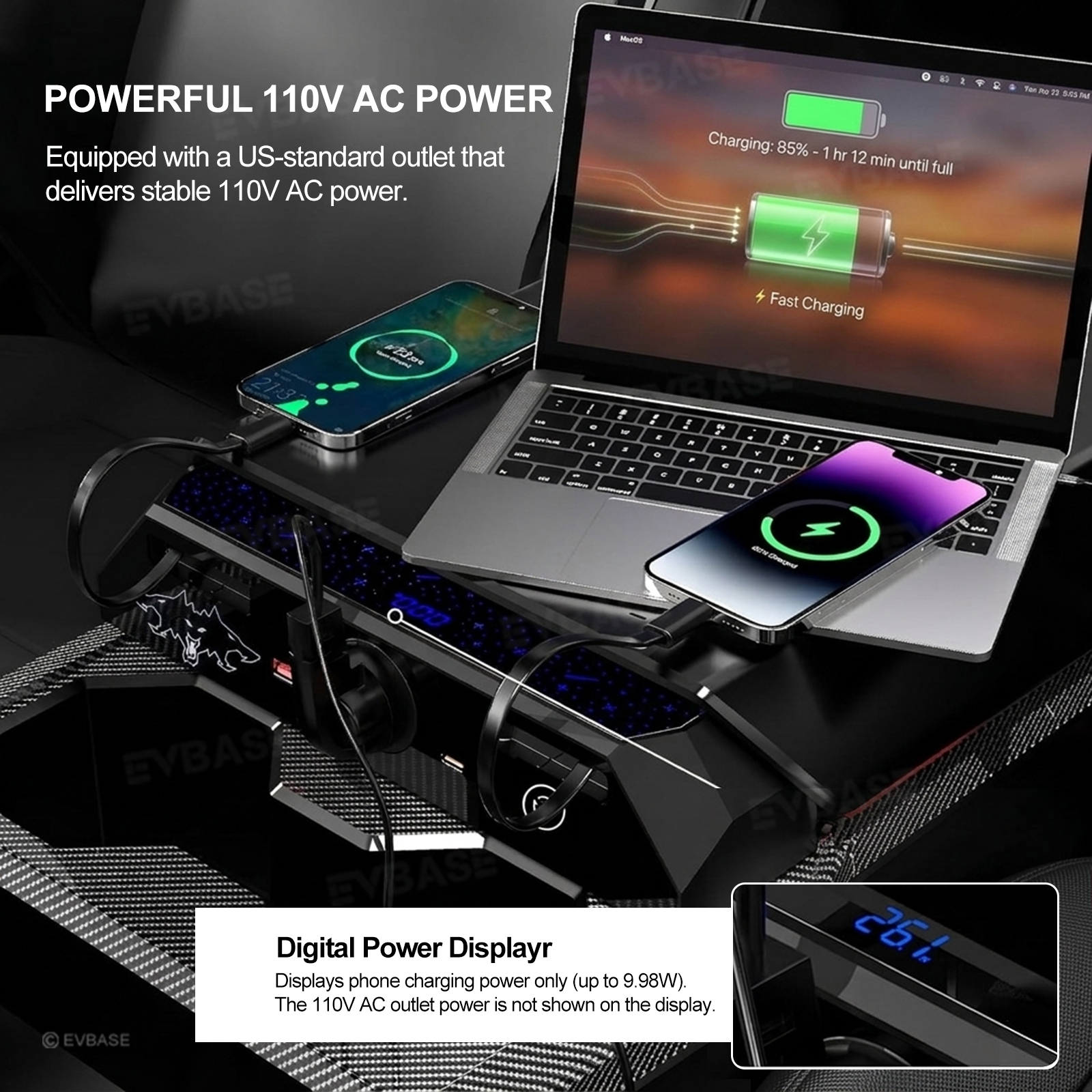 Cybertruck Center Console Multi-Port USB Charging Hub 2.0 with Retractable Cables & 110V AC Outlet (30W PD/QC3.0 Fast Phone Charge)