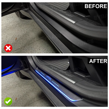 Tesla Cybertruck Door Sill Protector LED Trim Plates Welcome Pedals Carbon Fiber Pattern With Cybertruck Graffiti / Cyberbeast Logo