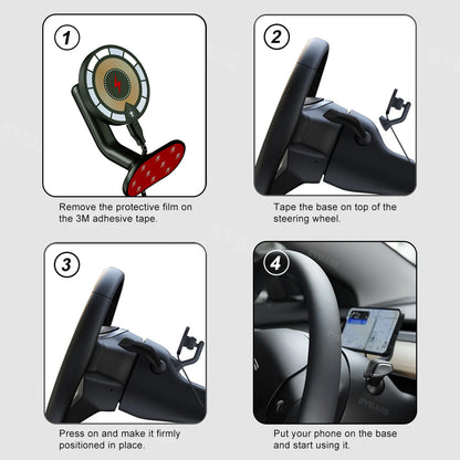 EVBASE Wireless Charging Phone Mount MagSafe Magnetic Phone Holder Behind Steering Wheel For Tesla Model 3 Y 3 Highland