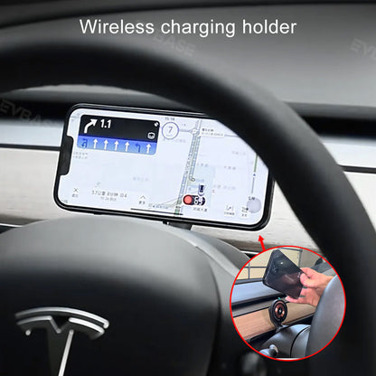 EVBASE Wireless Charging Phone Mount MagSafe Magnetic Phone Holder Behind Steering Wheel For Tesla Model 3 Y 3 Highland