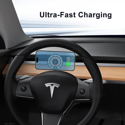 EVBASE Wireless Charging Phone Mount MagSafe Magnetic Phone Holder Behind Steering Wheel For Tesla Model 3 Y 3 Highland