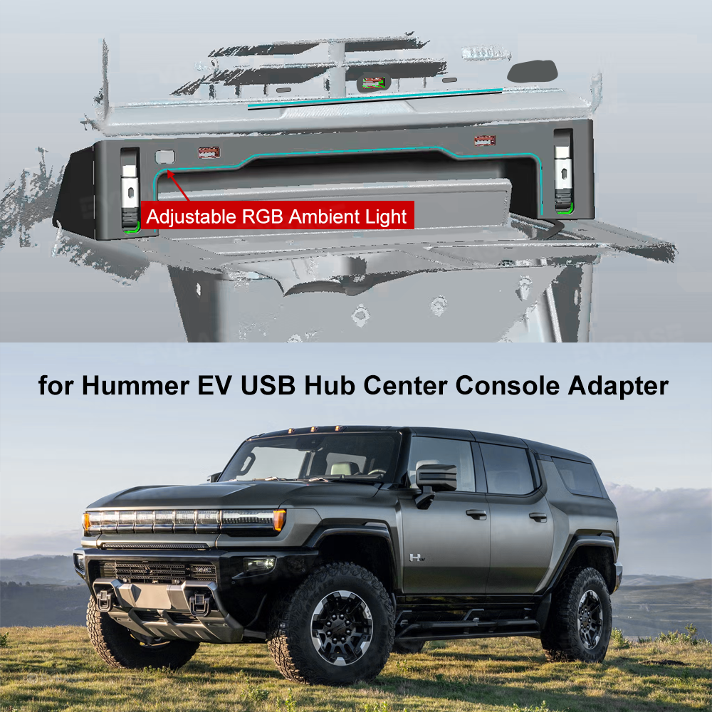 Hummer EV USB Hub Center Console Adapter Docking Station with Retractable Charging Cables RGB LED Ambient Lighting