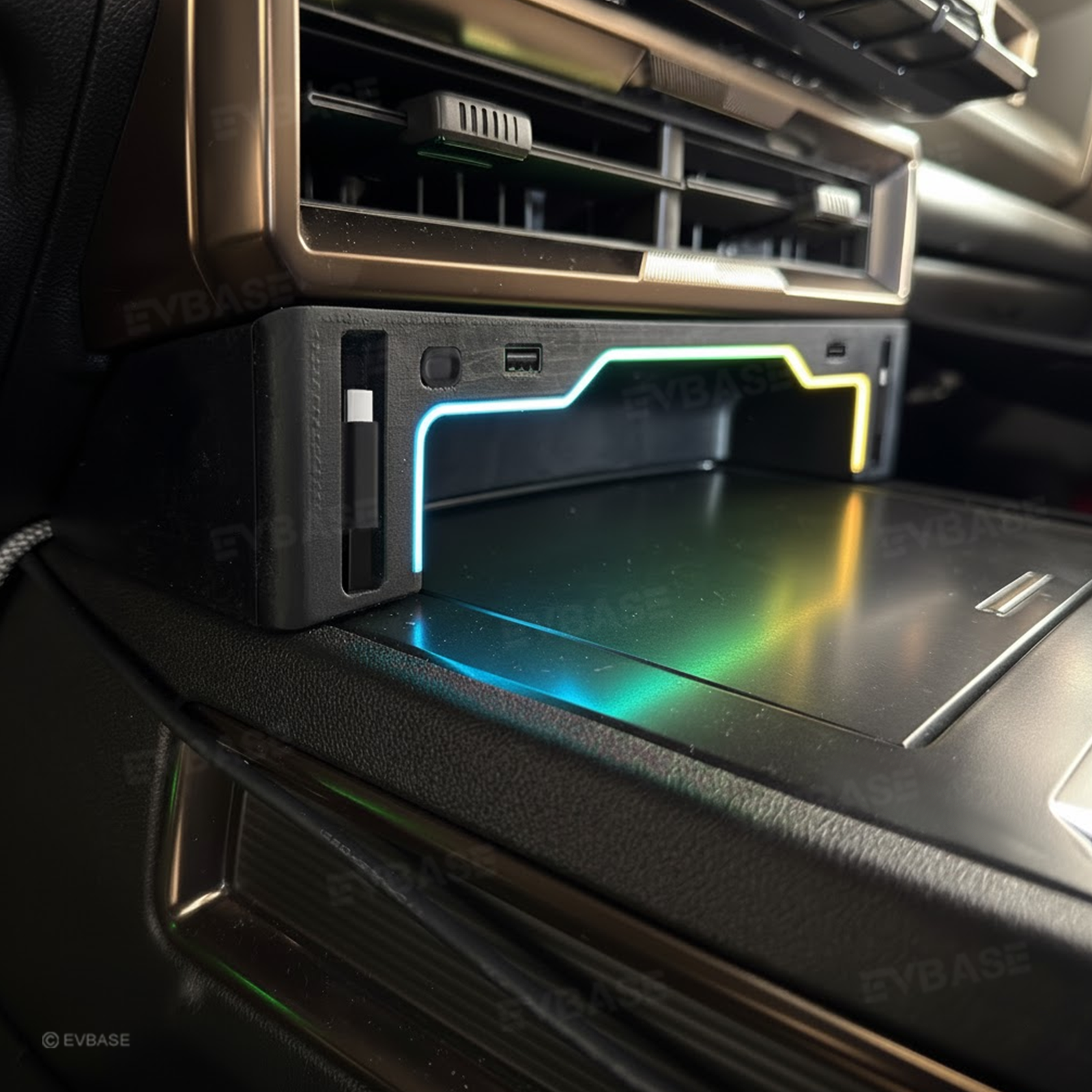 Hummer EV USB Hub Center Console Adapter Docking Station with Retractable Charging Cables RGB LED Ambient Lighting