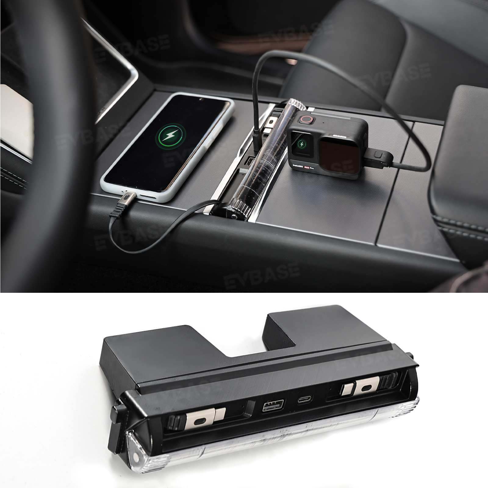 Model Y Juniper/ 3 Highland Center Console Multiport USB Hub Adapter with Starlight Ambient Lighting & Fast Charging Retractable Cables