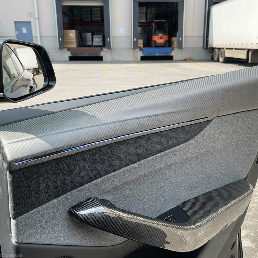 Model Y Juniper Front & Rear Full Upper Door Panel Overlays with Ambient Light Integration Real Dry Molded Carbon Fiber Trim Covers