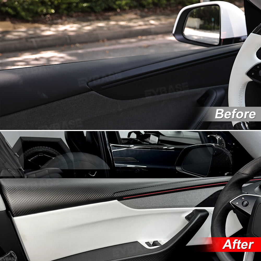 Model Y Juniper Front & Rear Full Upper Door Panel Overlays with Ambient Light Integration Real Dry Molded Carbon Fiber Trim Covers