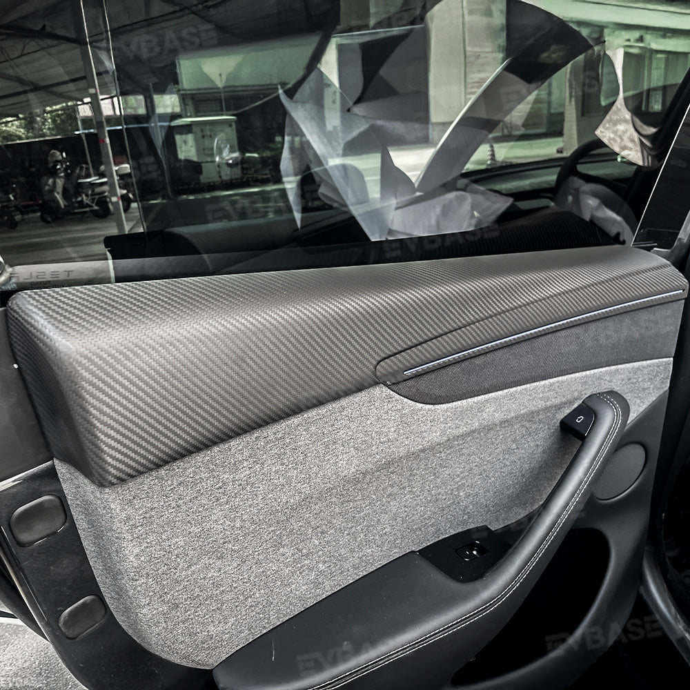 Model Y Juniper Front & Rear Full Upper Door Panel Overlays with Ambient Light Integration Real Dry Molded Carbon Fiber Trim Covers