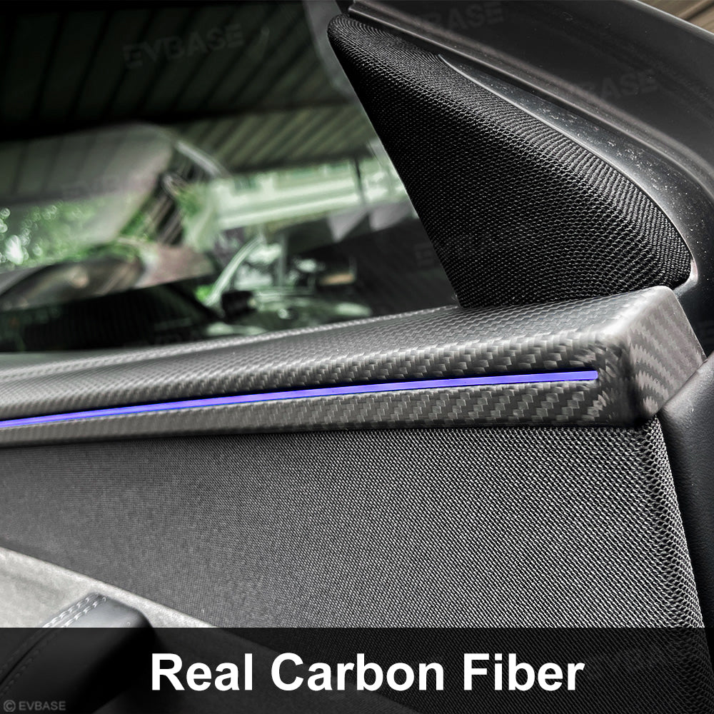 Model Y Juniper Front & Rear Full Upper Door Panel Overlays with Ambient Light Integration Real Dry Molded Carbon Fiber Trim Covers