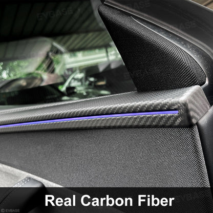 Model Y Juniper Front & Rear Full Upper Door Panel Overlays with Ambient Light Integration Real Dry Molded Carbon Fiber Trim Covers