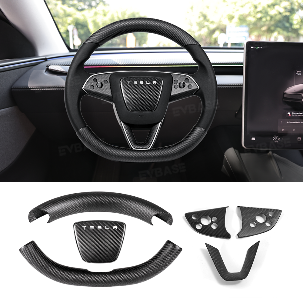 Model Y Juniper Real Carbon Fiber Steering Wheel Trim Cover Kit Upper Lower Overlay & Button Frame & Airbag Cover Sticker 6PCS