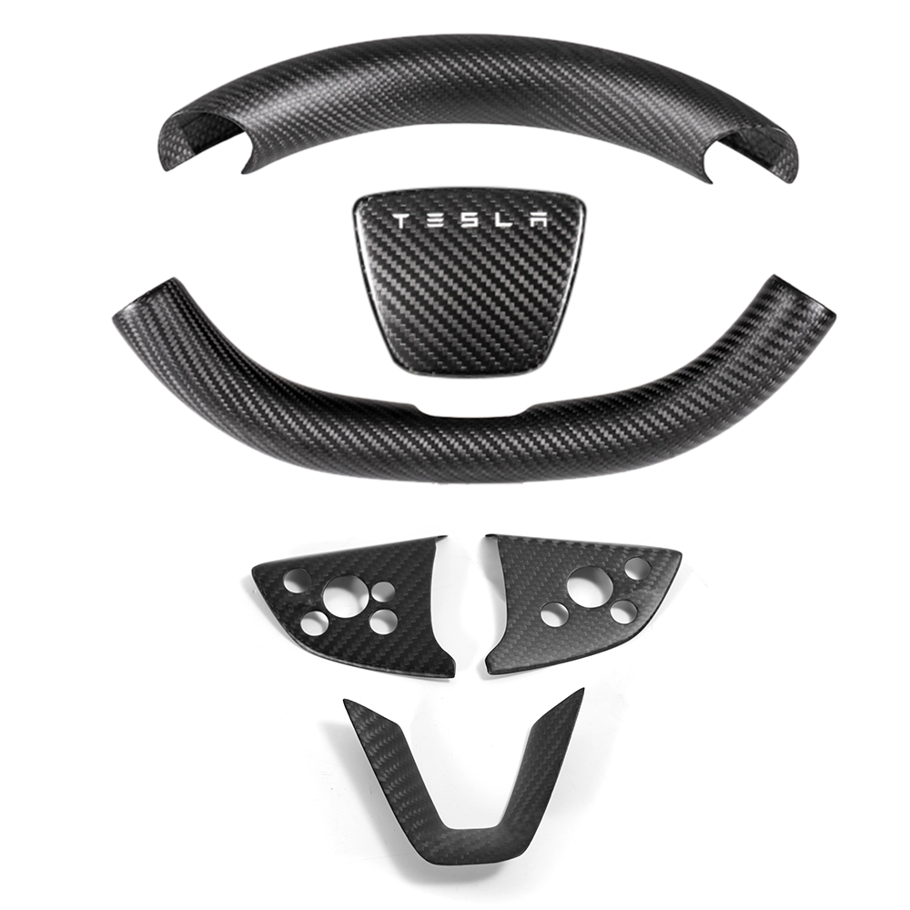 Model Y Juniper Real Carbon Fiber Steering Wheel Trim Cover Kit Upper Lower Overlay & Button Frame & Airbag Cover Sticker 6PCS