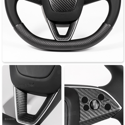 Model Y Juniper Real Carbon Fiber Steering Wheel Trim Cover Kit Upper Lower Overlay & Button Frame & Airbag Cover Sticker 6PCS