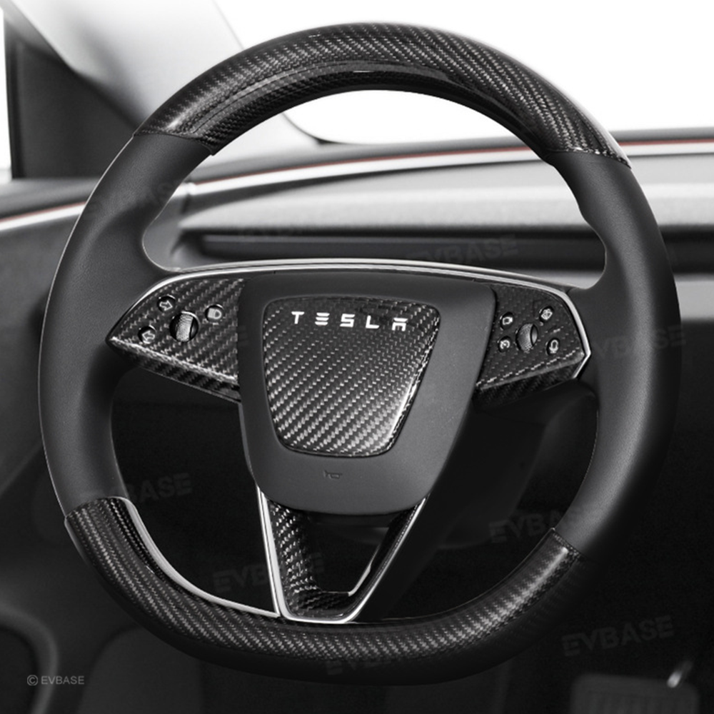Model Y Juniper Real Carbon Fiber Steering Wheel Trim Cover Kit Upper Lower Overlay & Button Frame & Airbag Cover Sticker 6PCS
