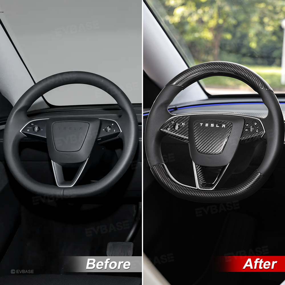 Model Y Juniper Real Carbon Fiber Steering Wheel Trim Cover Kit Upper Lower Overlay & Button Frame & Airbag Cover Sticker 6PCS