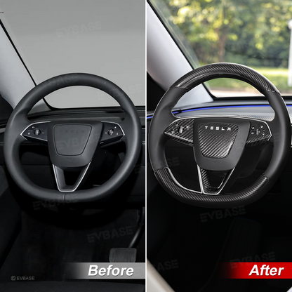 Model Y Juniper Real Carbon Fiber Steering Wheel Trim Cover Kit Upper Lower Overlay & Button Frame & Airbag Cover Sticker 6PCS