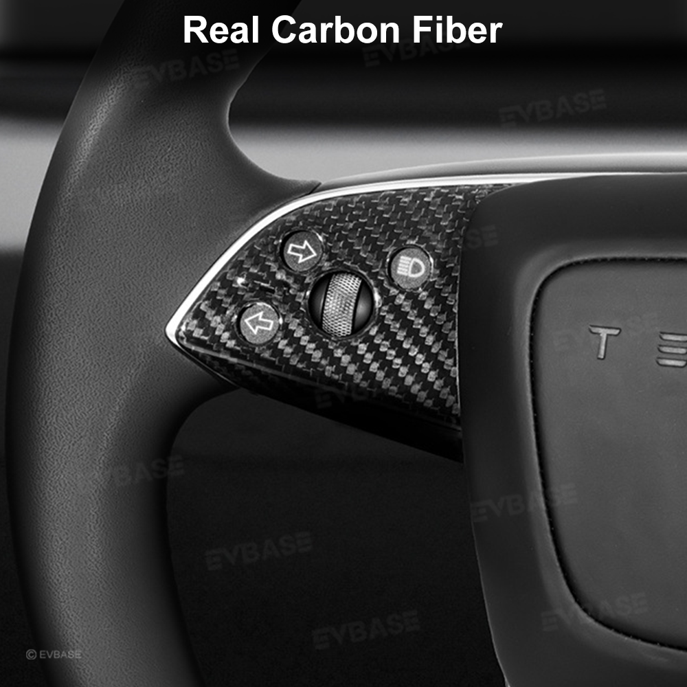 Model Y Juniper Real Carbon Fiber Steering Wheel Trim Cover Kit Upper Lower Overlay & Button Frame & Airbag Cover Sticker 6PCS