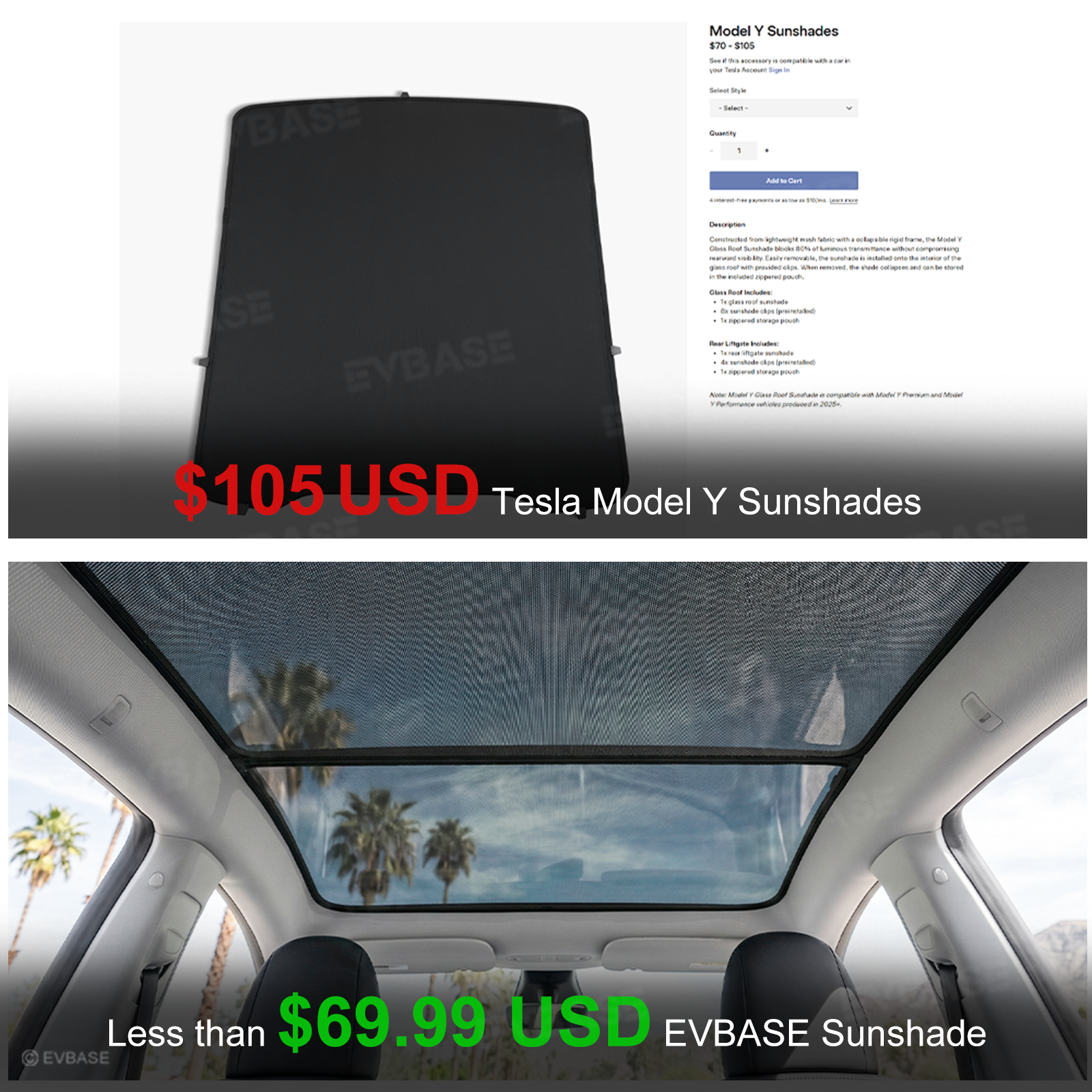 Model Y Juniper/ 3 Highland Glass Roof Sunshade Heat Insulation UV Protection Sun Visor OEM-Style Sunroof & Rear Window Sun Shade