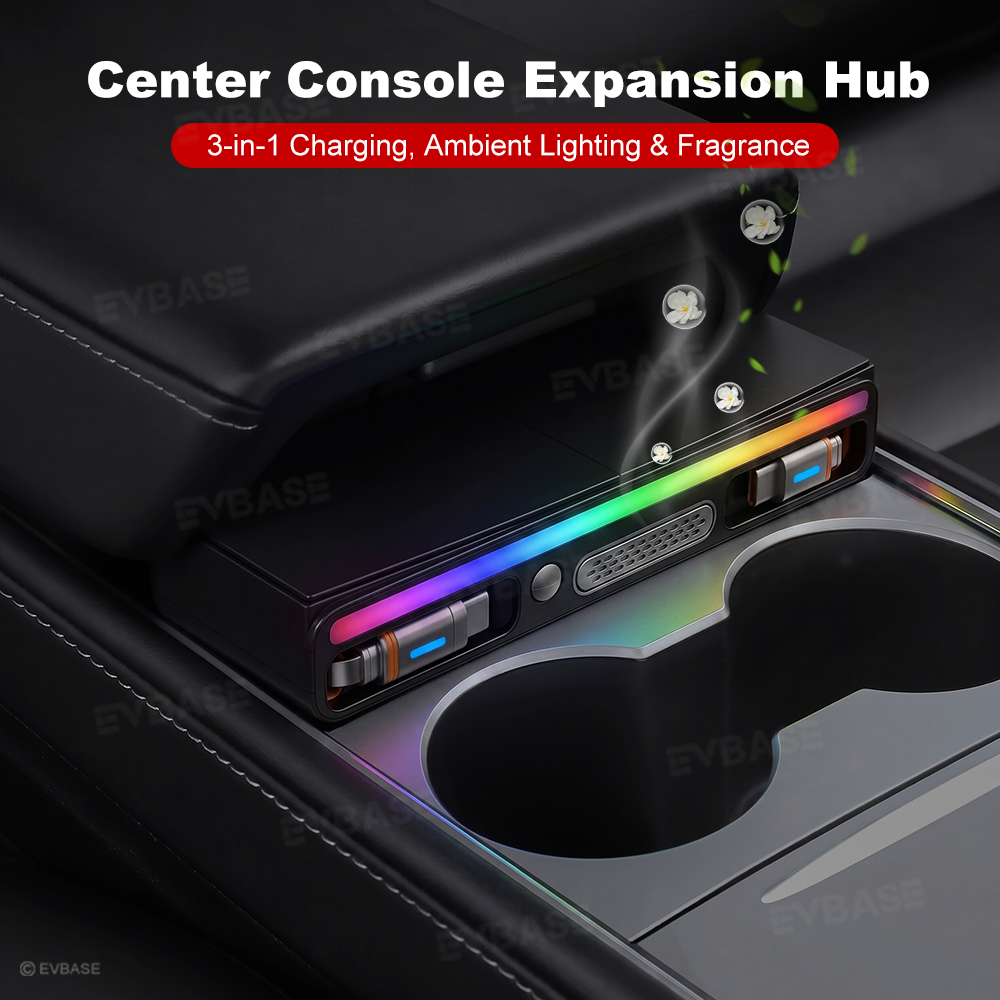 Model Y Juniper Standard /3 Standard Center Console USB Hub Charger with Retractable Charging Cables & RGB Ambient Lighting  & Aroma Diffuser