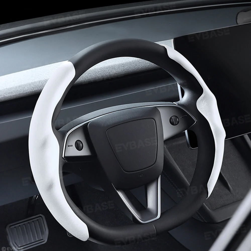 Steering Wheel Cover Custom For Tesla Model Y Juniper& 3 Highland Anti-Slip Suede Alcantara Material Steering Wheel Overlay