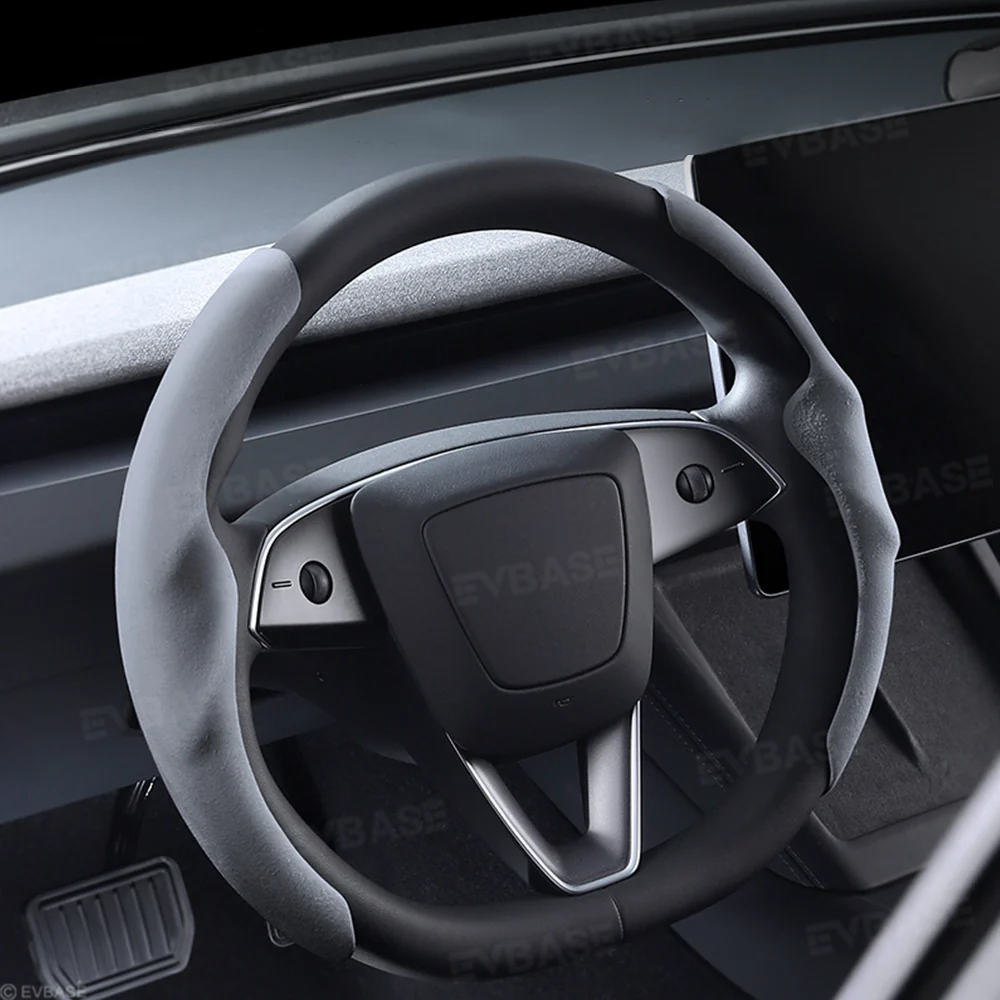 Steering Wheel Cover Custom For Tesla Model Y Juniper& 3 Highland Anti-Slip Suede Alcantara Material Steering Wheel Overlay