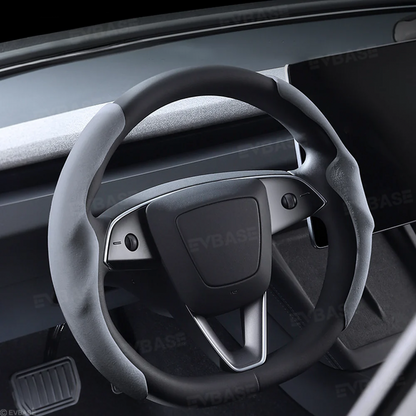 Steering Wheel Cover Custom For Tesla Model Y Juniper& 3 Highland Anti-Slip Suede Alcantara Material Steering Wheel Overlay