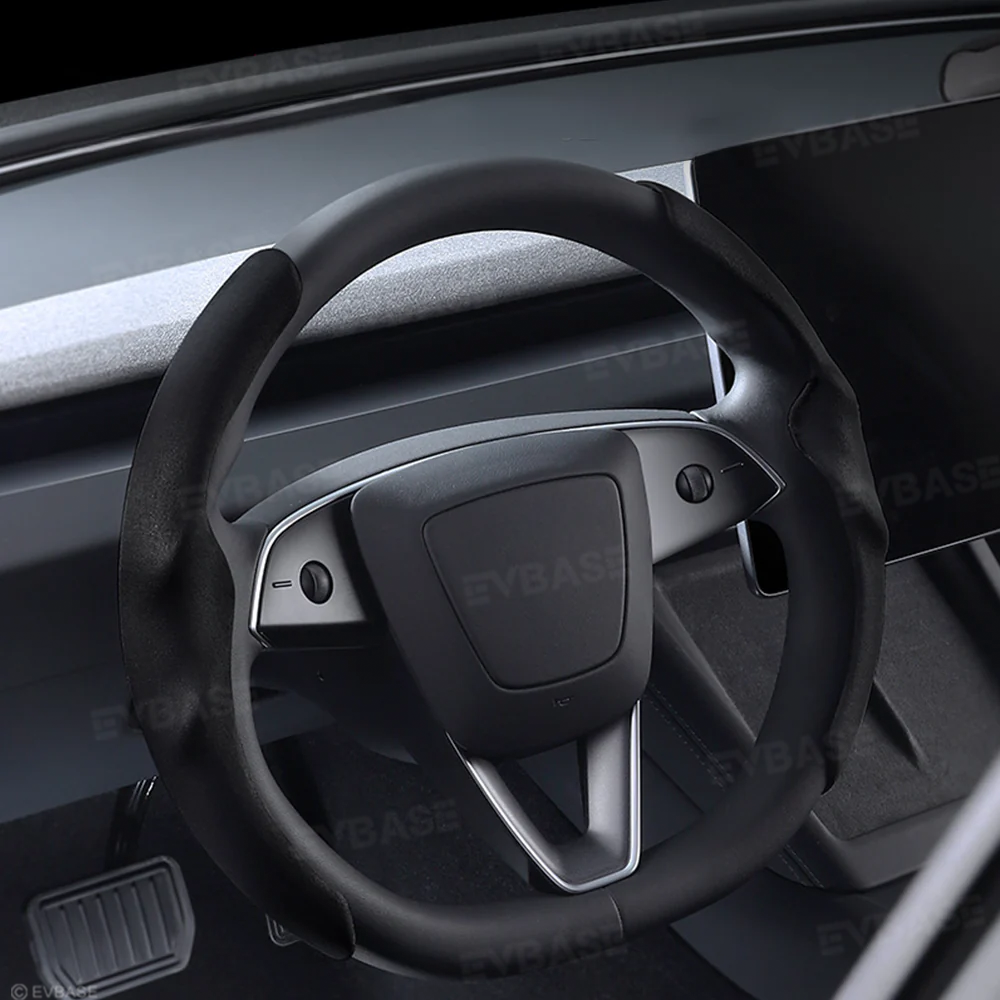 Steering Wheel Cover Custom For Tesla Model Y Juniper& 3 Highland Anti-Slip Suede Alcantara Material Steering Wheel Overlay