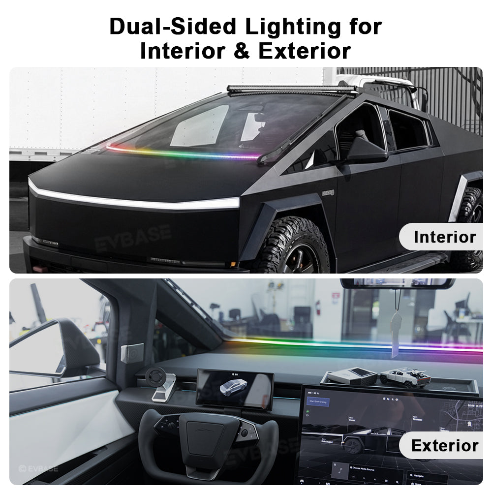 Cybertruck Dashboard Windshield Ambient Lighting RGB Streamer Interior Light Strip with Dual-Side Illumination & LED Sync to Music & Noise-Reducing Seal Design