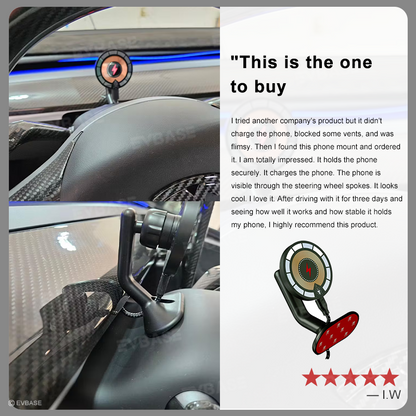 EVBASE Wireless Charging Phone Mount MagSafe Magnetic Phone Holder Behind Steering Wheel For Tesla Model 3 Y 3 Highland